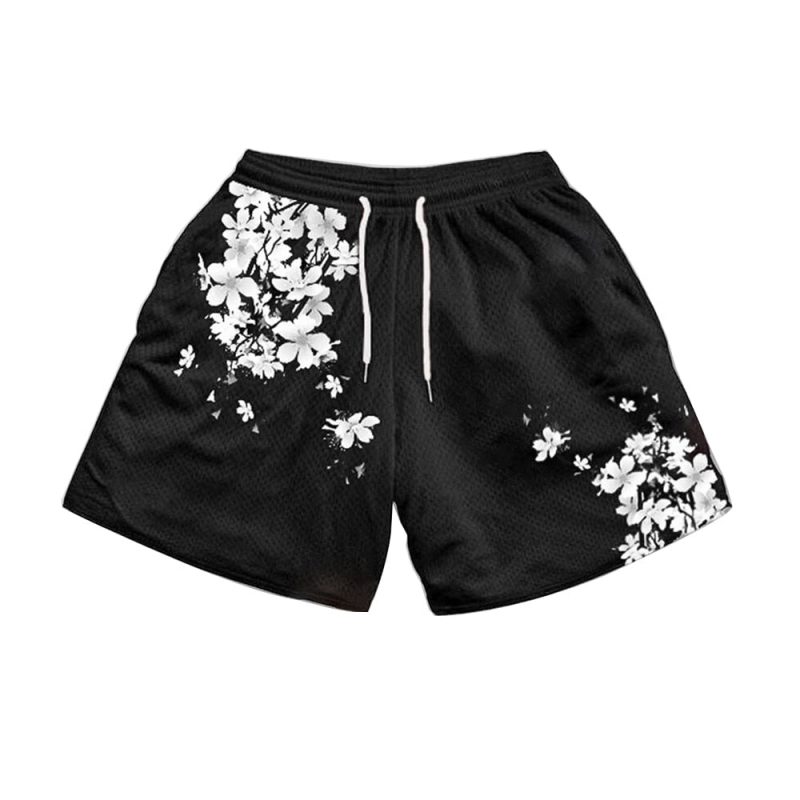 Anime GYM Mesh Shorts Sakura Pattern Black Gym Shorts