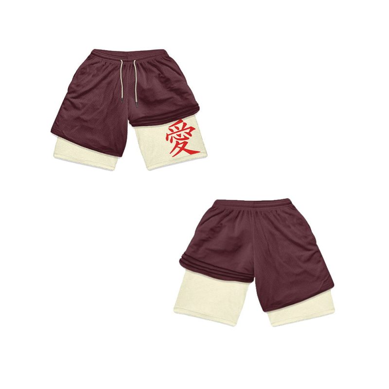 Naruto Anime Workout Shorts Gaara Love Symbol Burgundy Performance Shorts