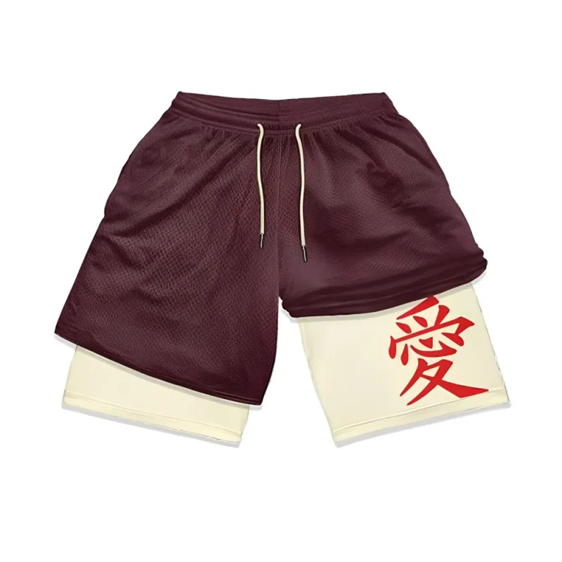 Naruto Anime Workout Shorts Gaara Love Symbol Burgundy Performance Shorts