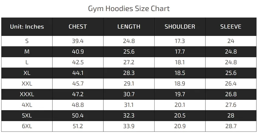 Anime Gym Hoodies Size Chart