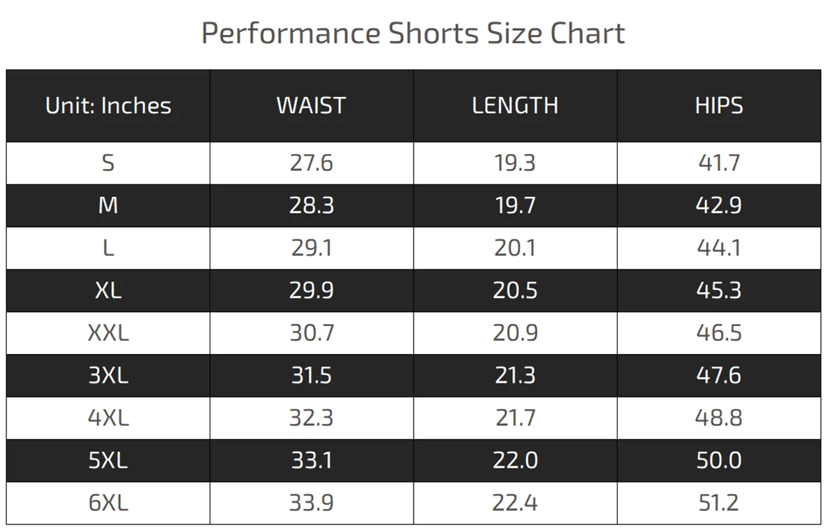 Anime Performace Shorts Size Chart